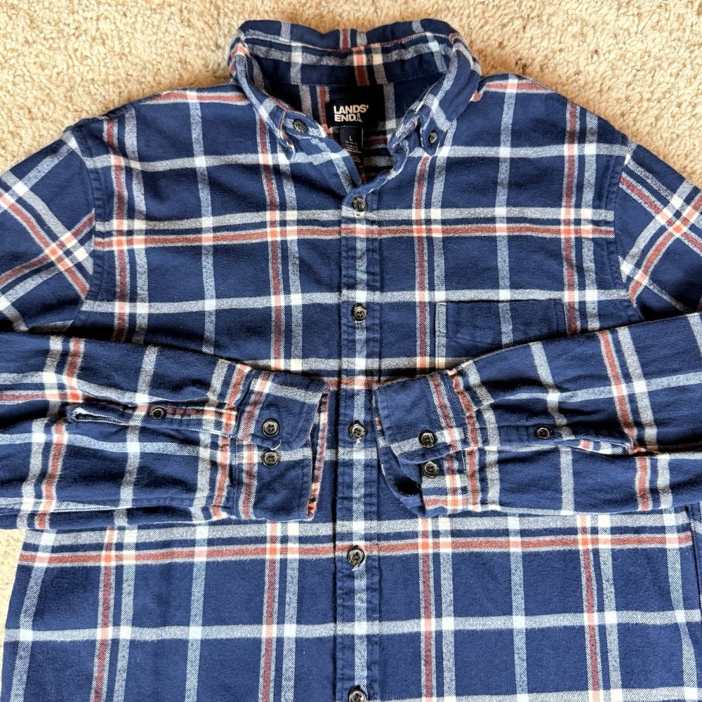 Lands End Flannel Shirt Mens Large Plaid Blue Orange‎ Slim Fit Button OEKO-TEX